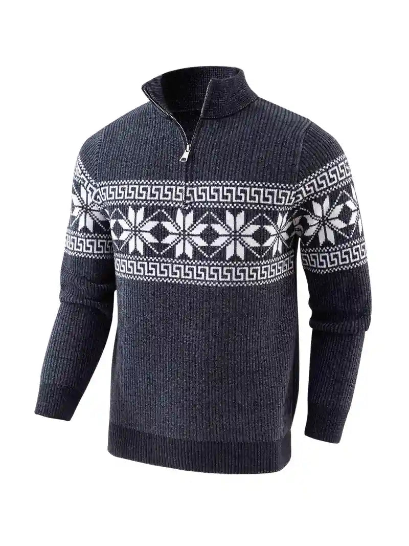 Strikket pullover med lynlås-krave og grafisk mønster